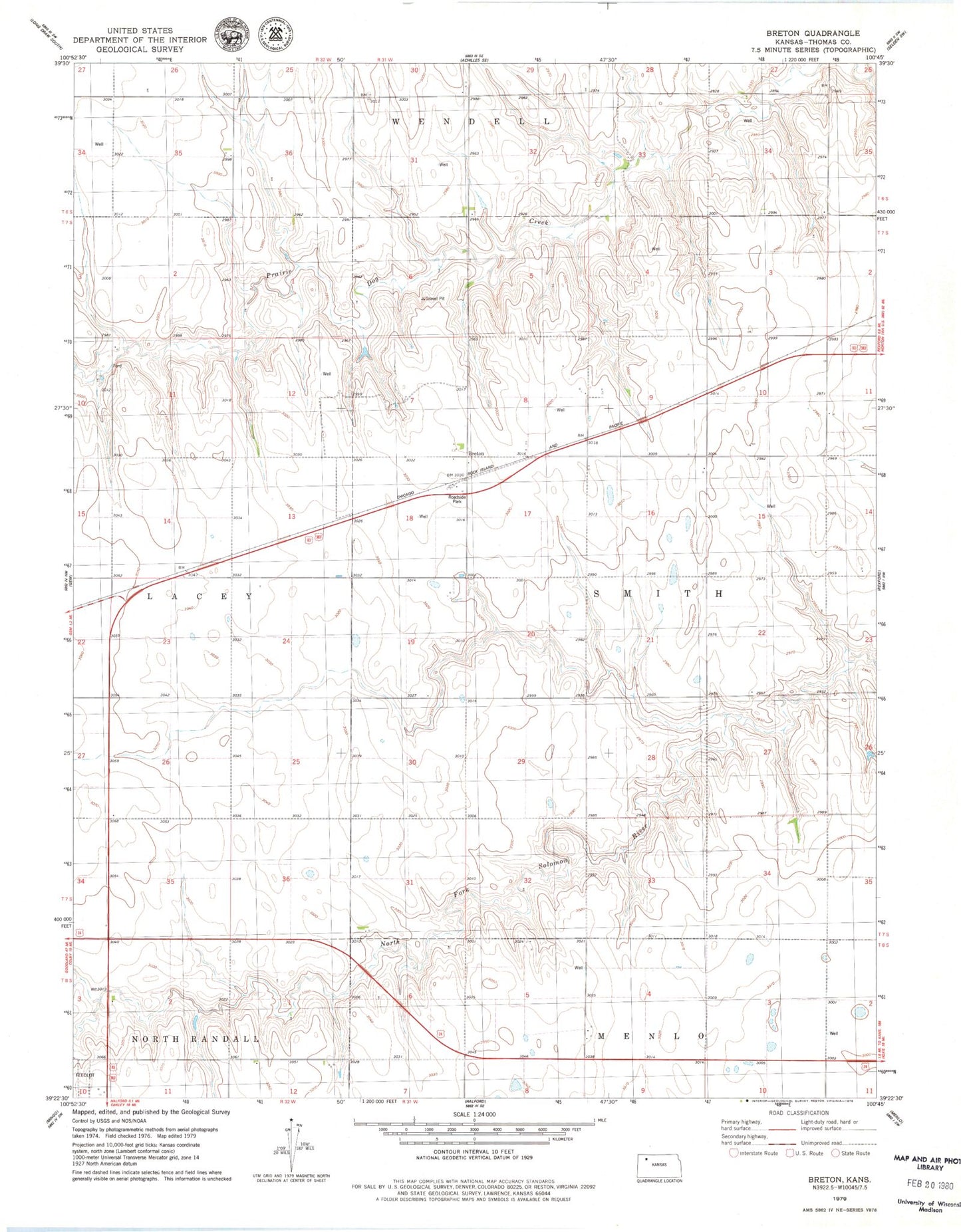 Classic USGS Breton Kansas 7.5'x7.5' Topo Map Image