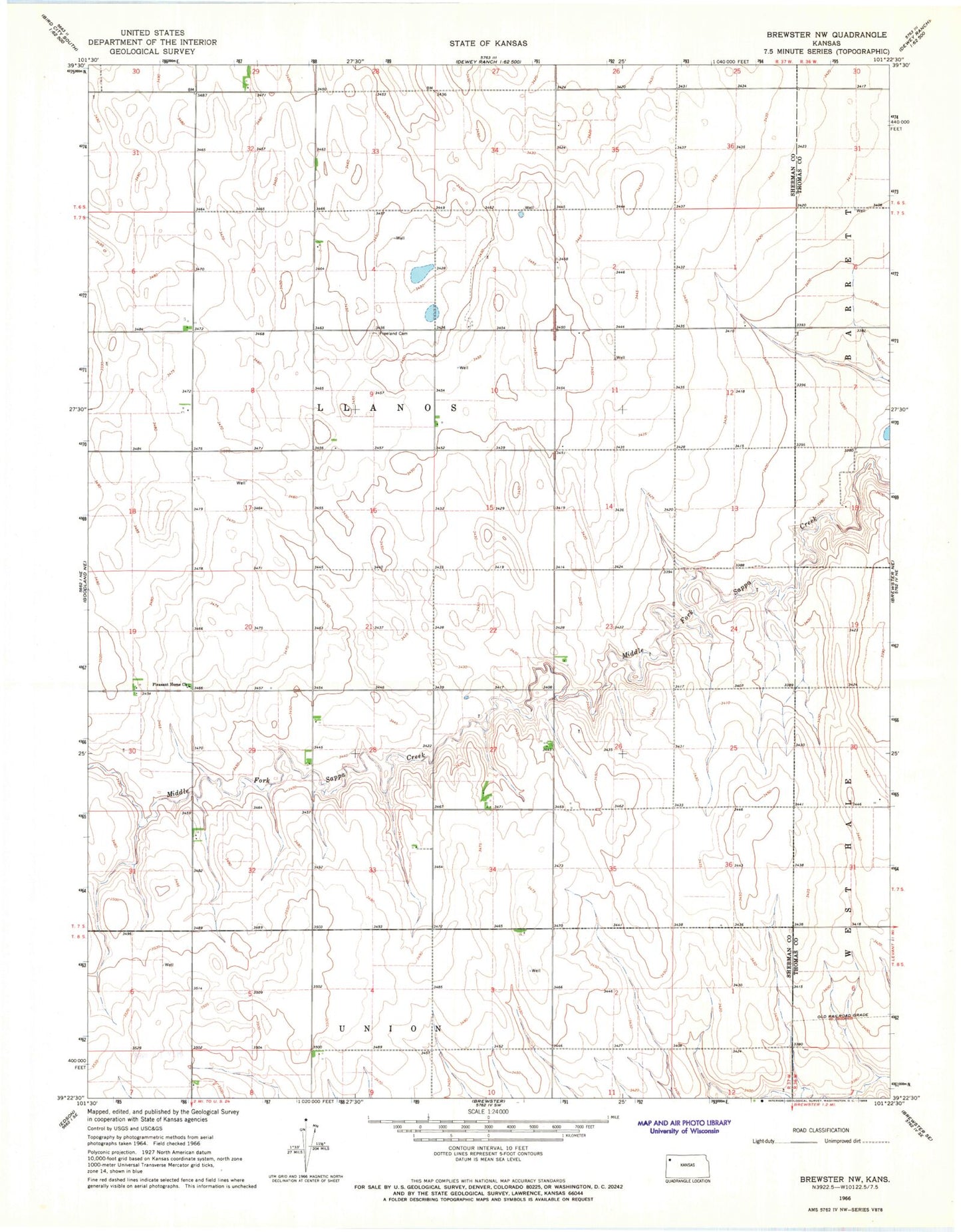 Classic USGS Brewster NW Kansas 7.5'x7.5' Topo Map Image