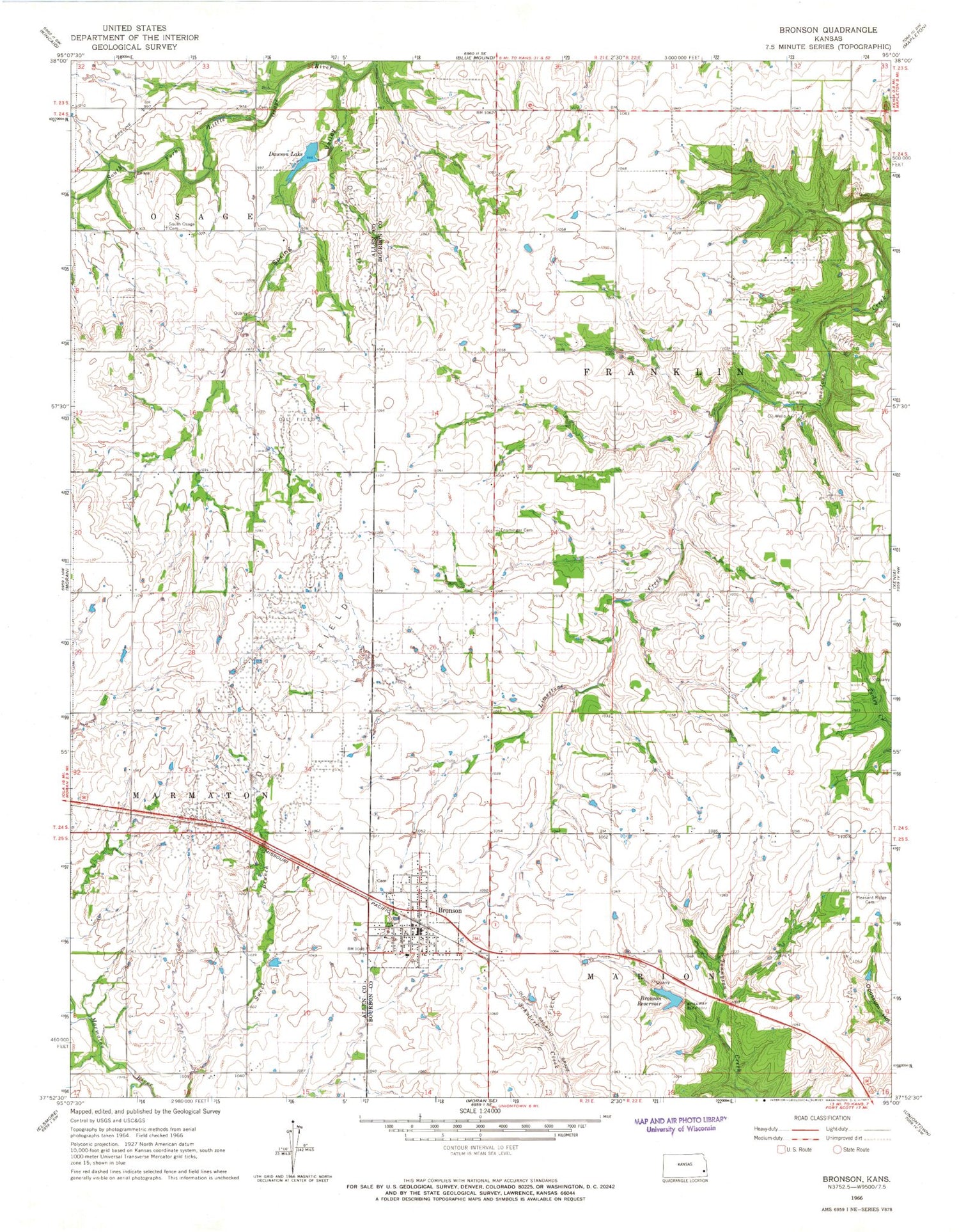 Classic USGS Bronson Kansas 7.5'x7.5' Topo Map Image
