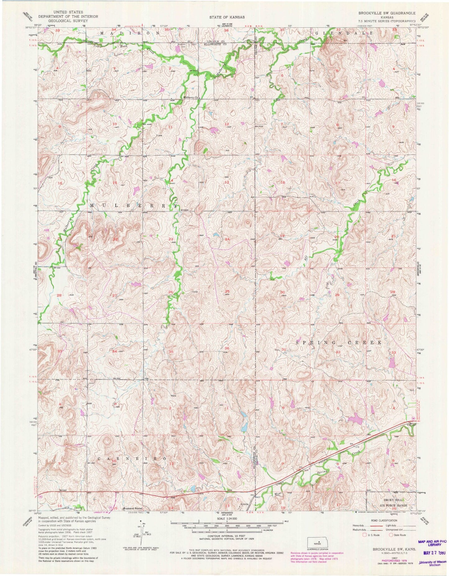 Classic USGS Brookville SW Kansas 7.5'x7.5' Topo Map Image
