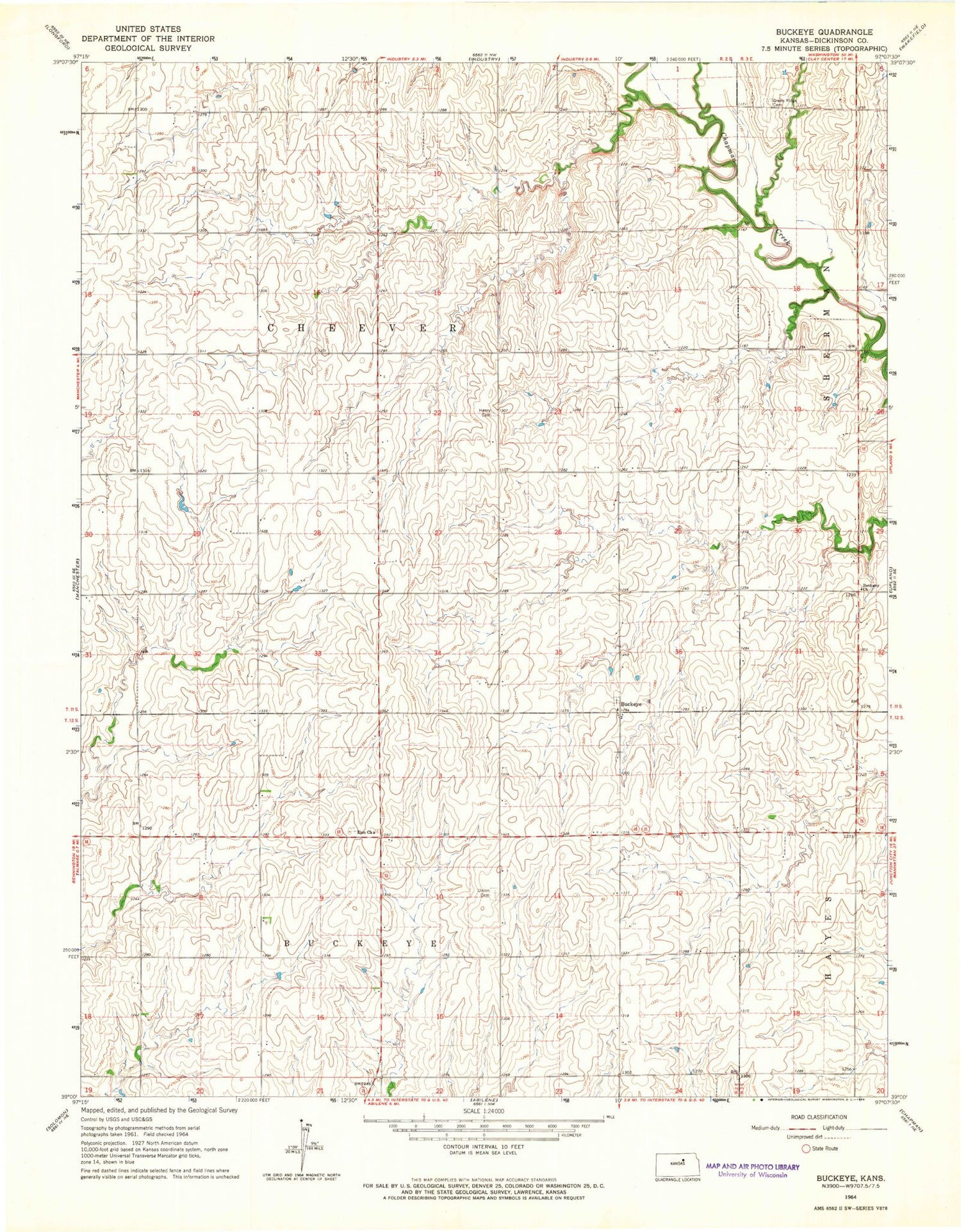 Classic USGS Buckeye Kansas 7.5'x7.5' Topo Map Image