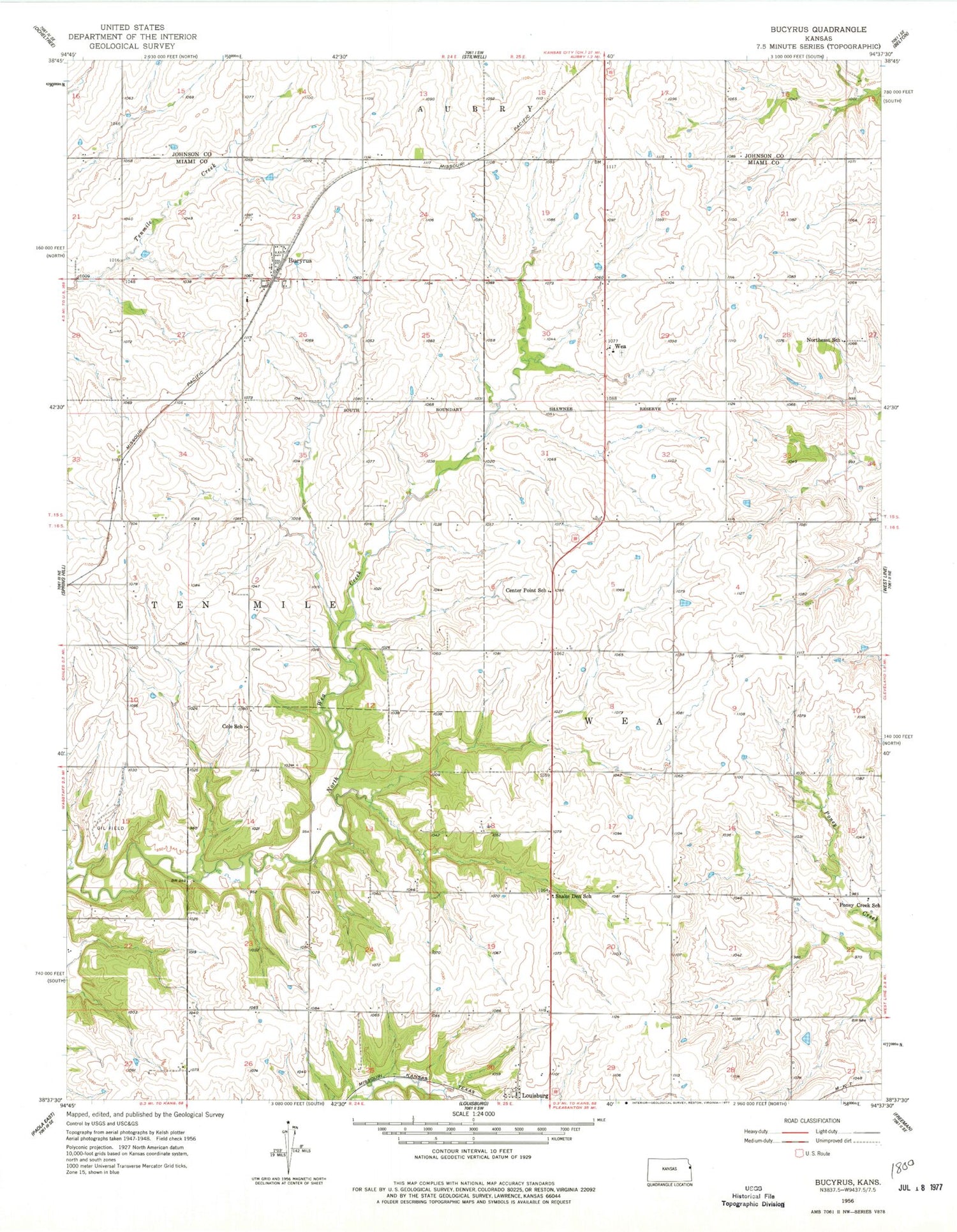 Classic USGS Bucyrus Kansas 7.5'x7.5' Topo Map Image