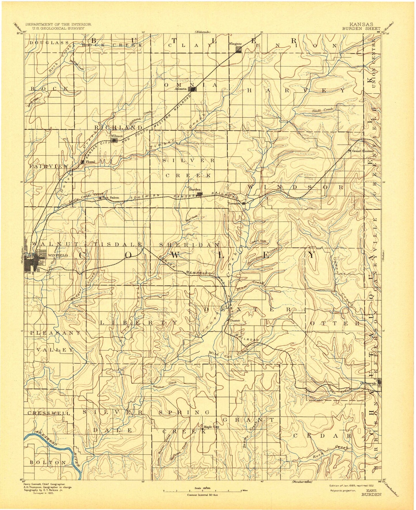 Historic 1889 Burden Kansas 30'x30' Topo Map Image