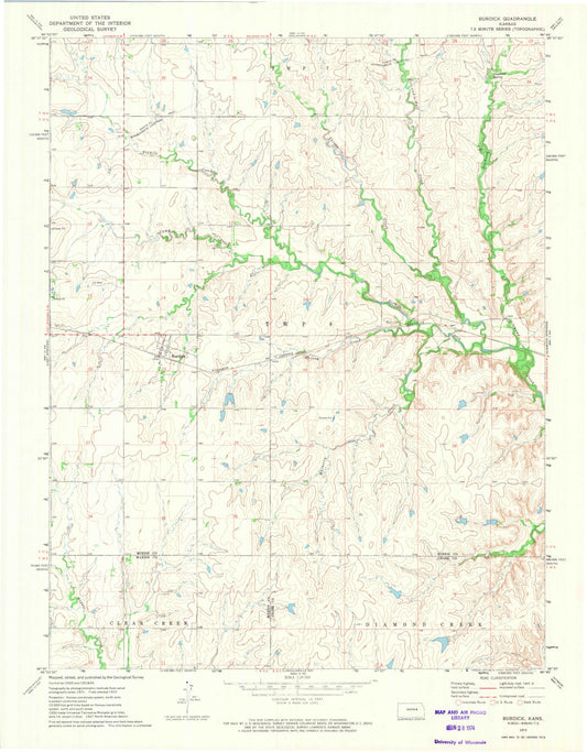 Classic USGS Burdick Kansas 7.5'x7.5' Topo Map Image