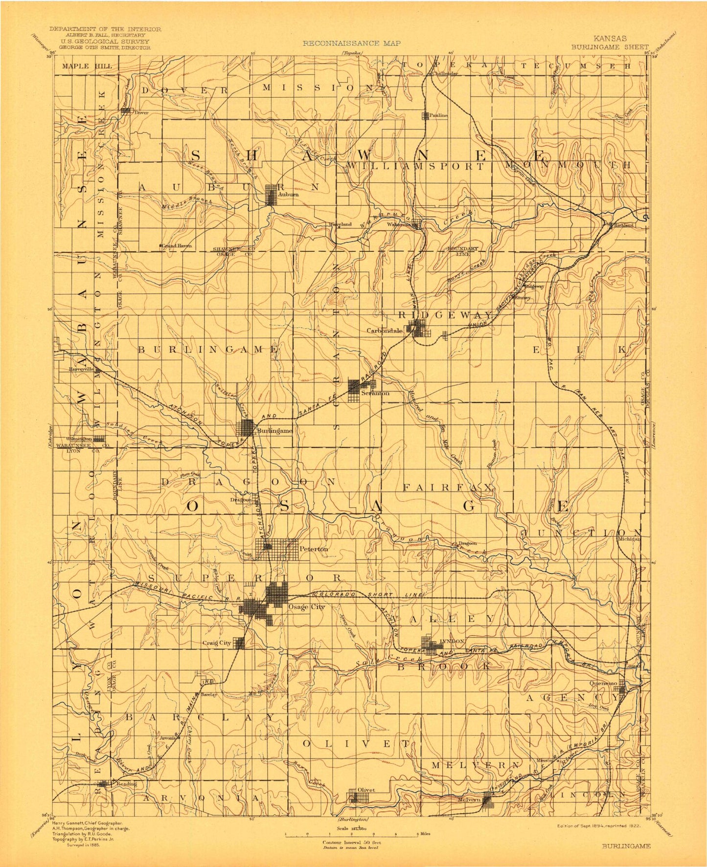Historic 1894 Burlingame Kansas 30'x30' Topo Map Image