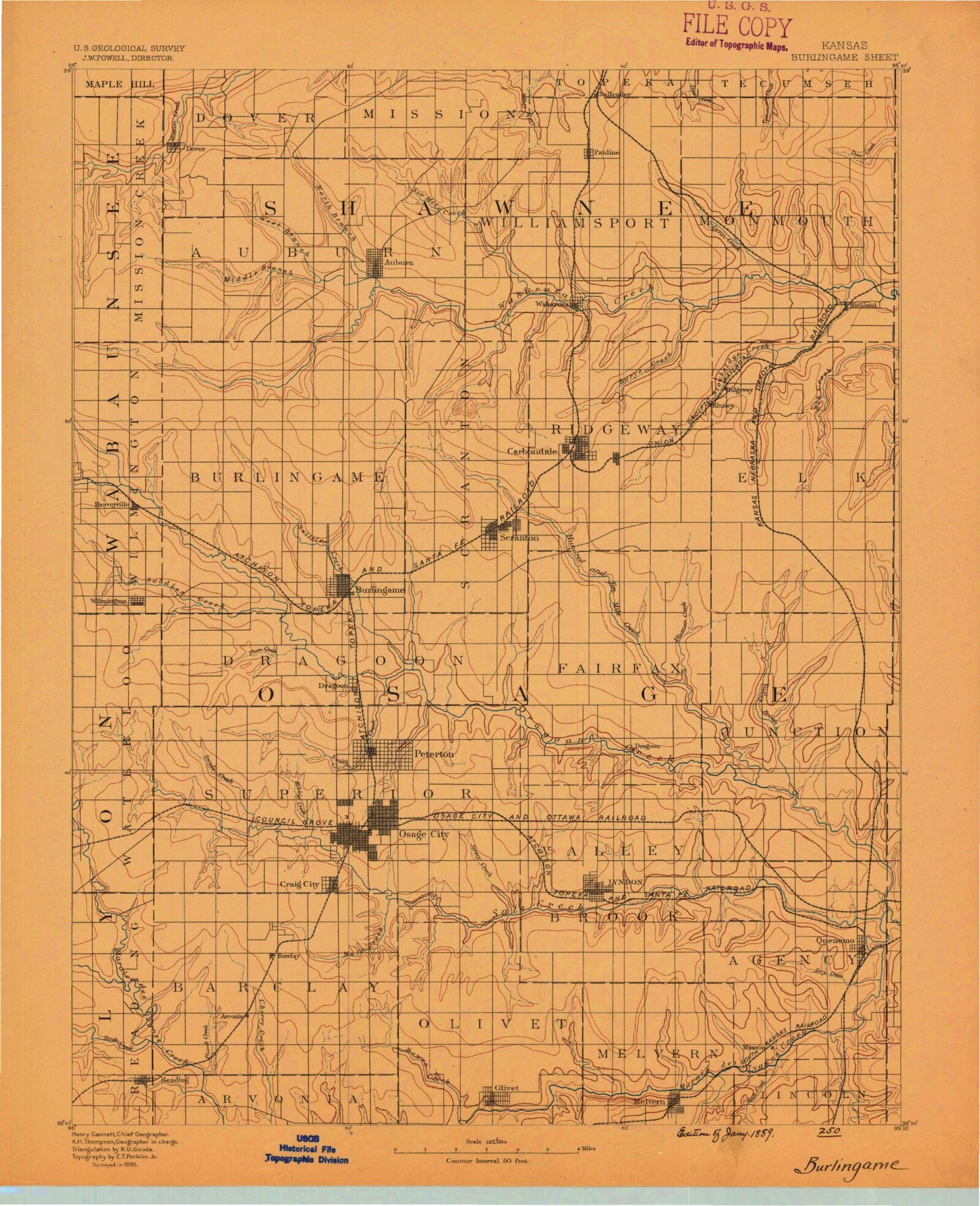 Historic 1889 Burlingame Kansas 30'x30' Topo Map Image