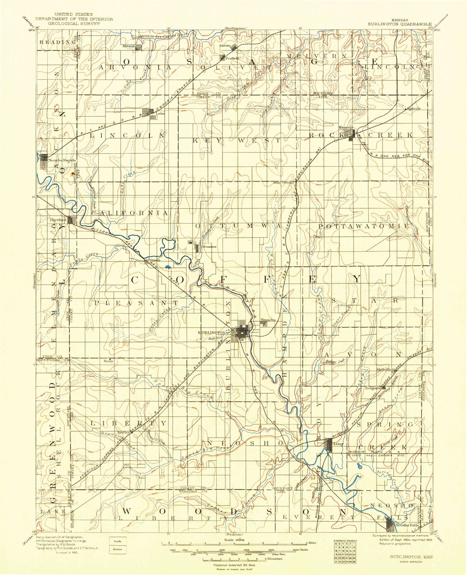Historic 1894 Burlington Kansas 30'x30' Topo Map Image