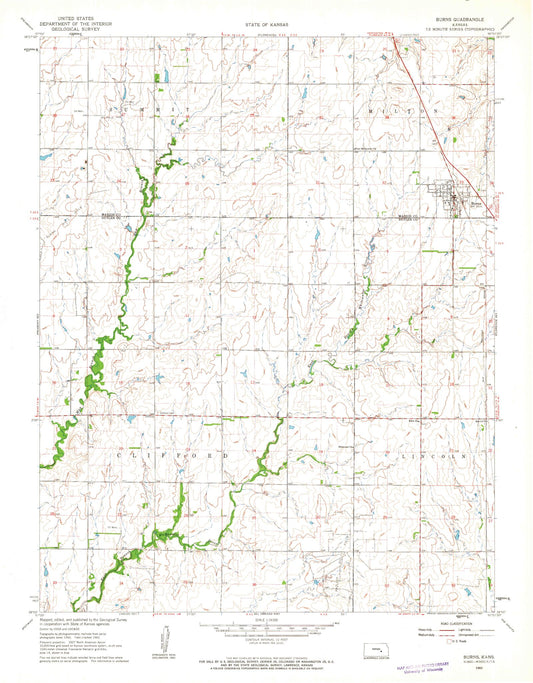 Classic USGS Burns Kansas 7.5'x7.5' Topo Map Image