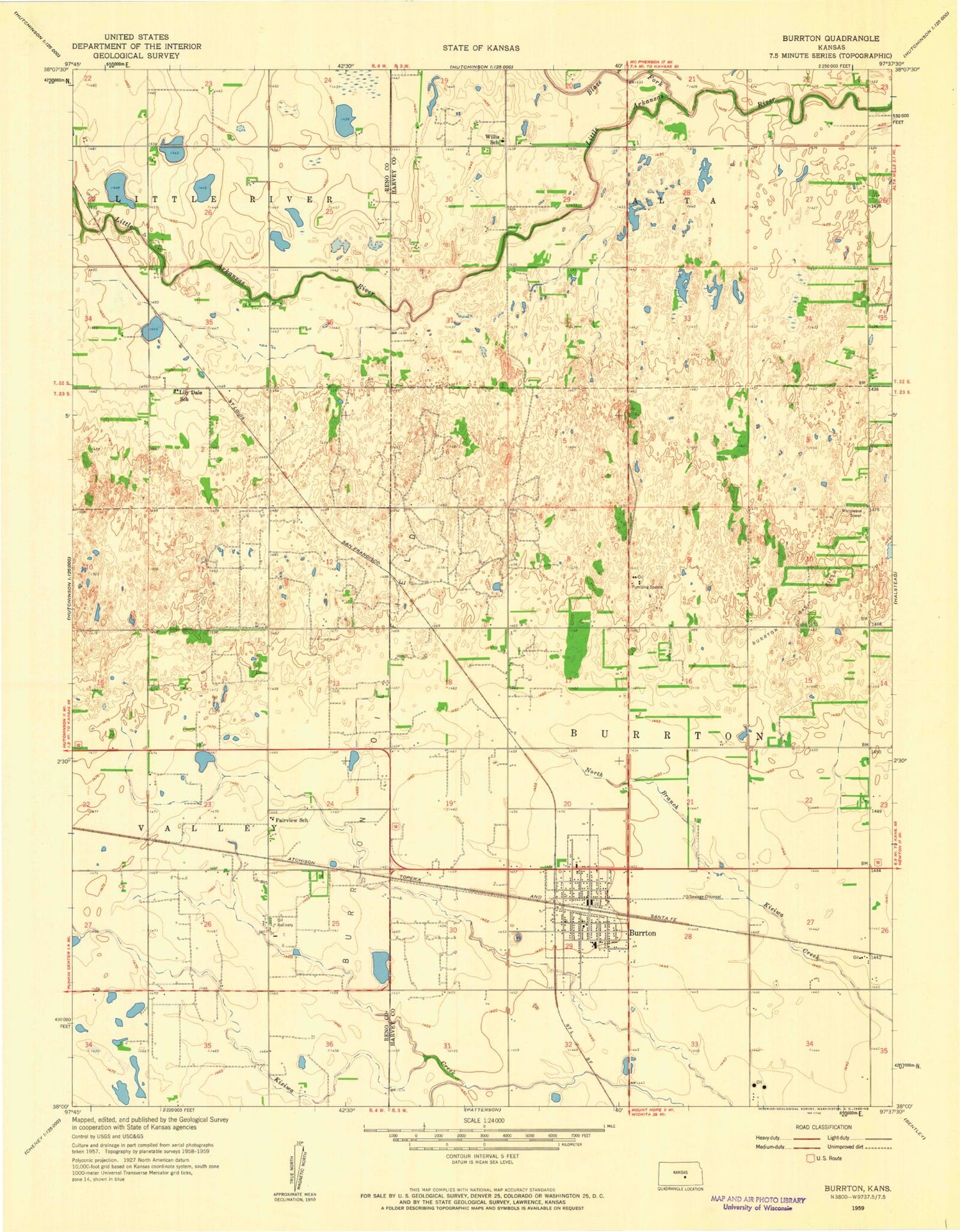 Classic USGS Burrton Kansas 7.5'x7.5' Topo Map Image