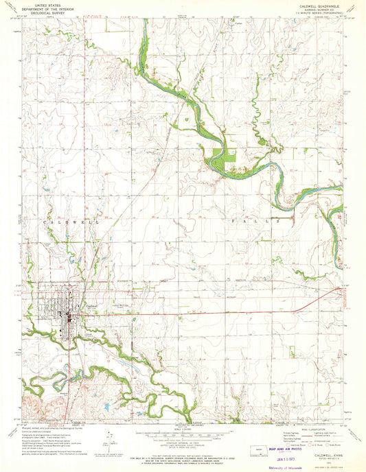 Classic USGS Caldwell Kansas 7.5'x7.5' Topo Map Image