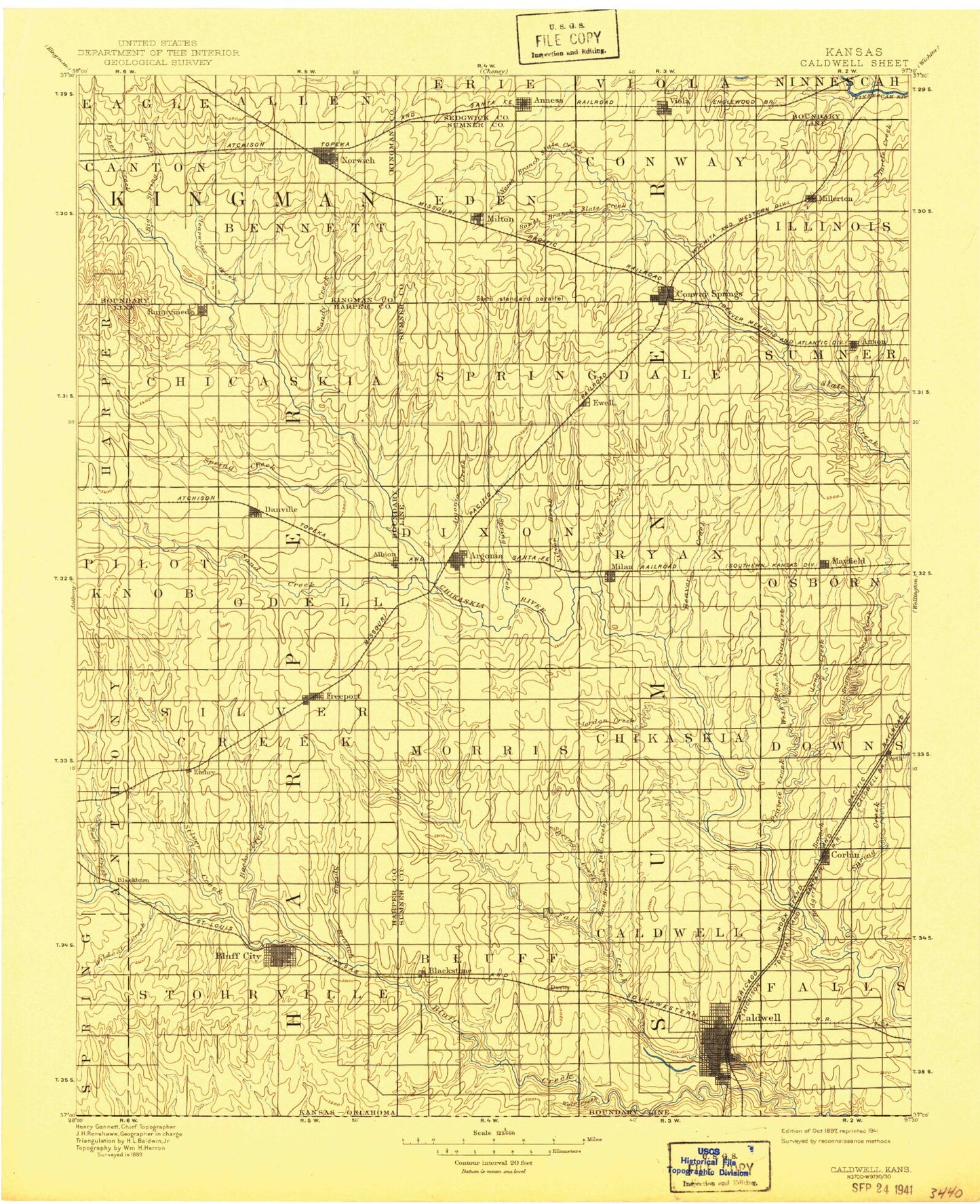 Historic 1897 Caldwell Kansas 30'x30' Topo Map Image