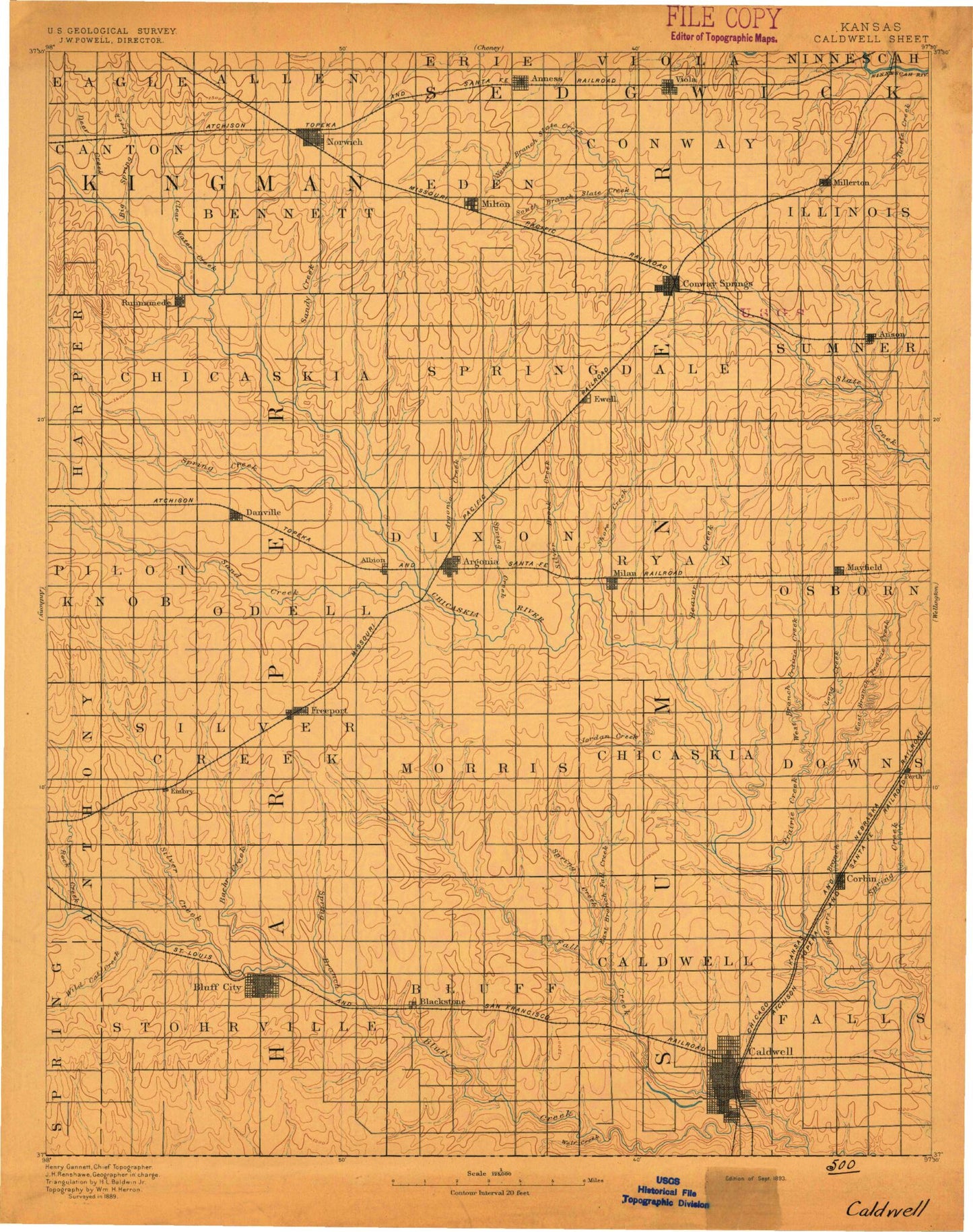 Historic 1893 Caldwell Kansas 30'x30' Topo Map Image