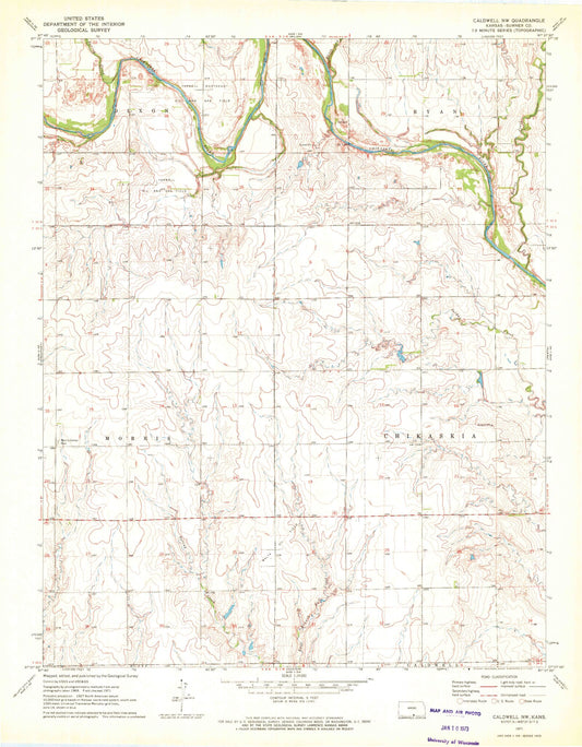 Classic USGS Caldwell NW Kansas 7.5'x7.5' Topo Map Image