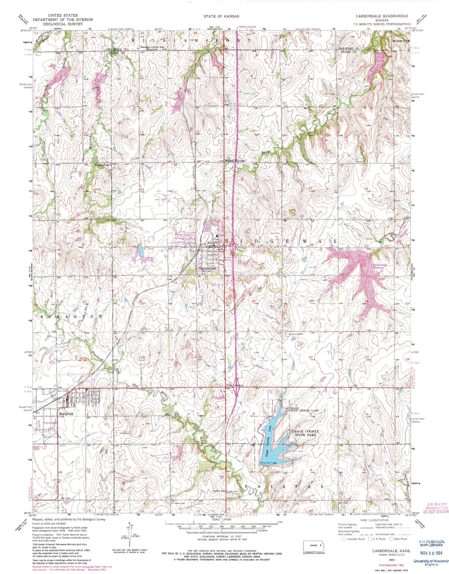 Classic USGS Carbondale Kansas 7.5'x7.5' Topo Map Image