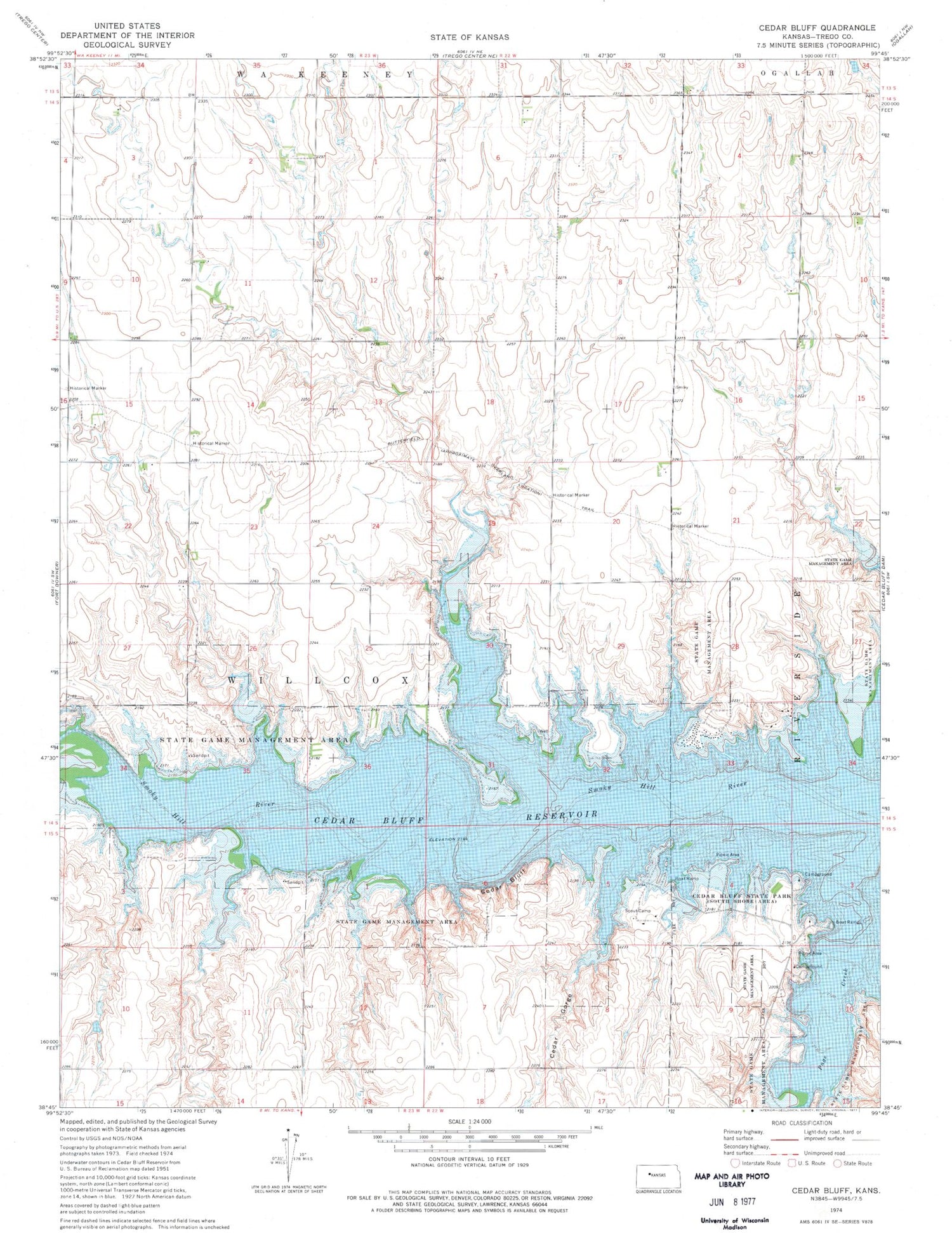 Classic USGS Cedar Bluff Kansas 7.5'x7.5' Topo Map Image