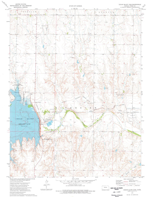 Classic USGS Cedar Bluff Dam Kansas 7.5'x7.5' Topo Map Image