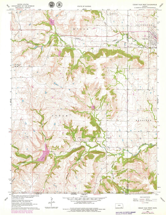 Classic USGS Cedar Vale West Kansas 7.5'x7.5' Topo Map Image