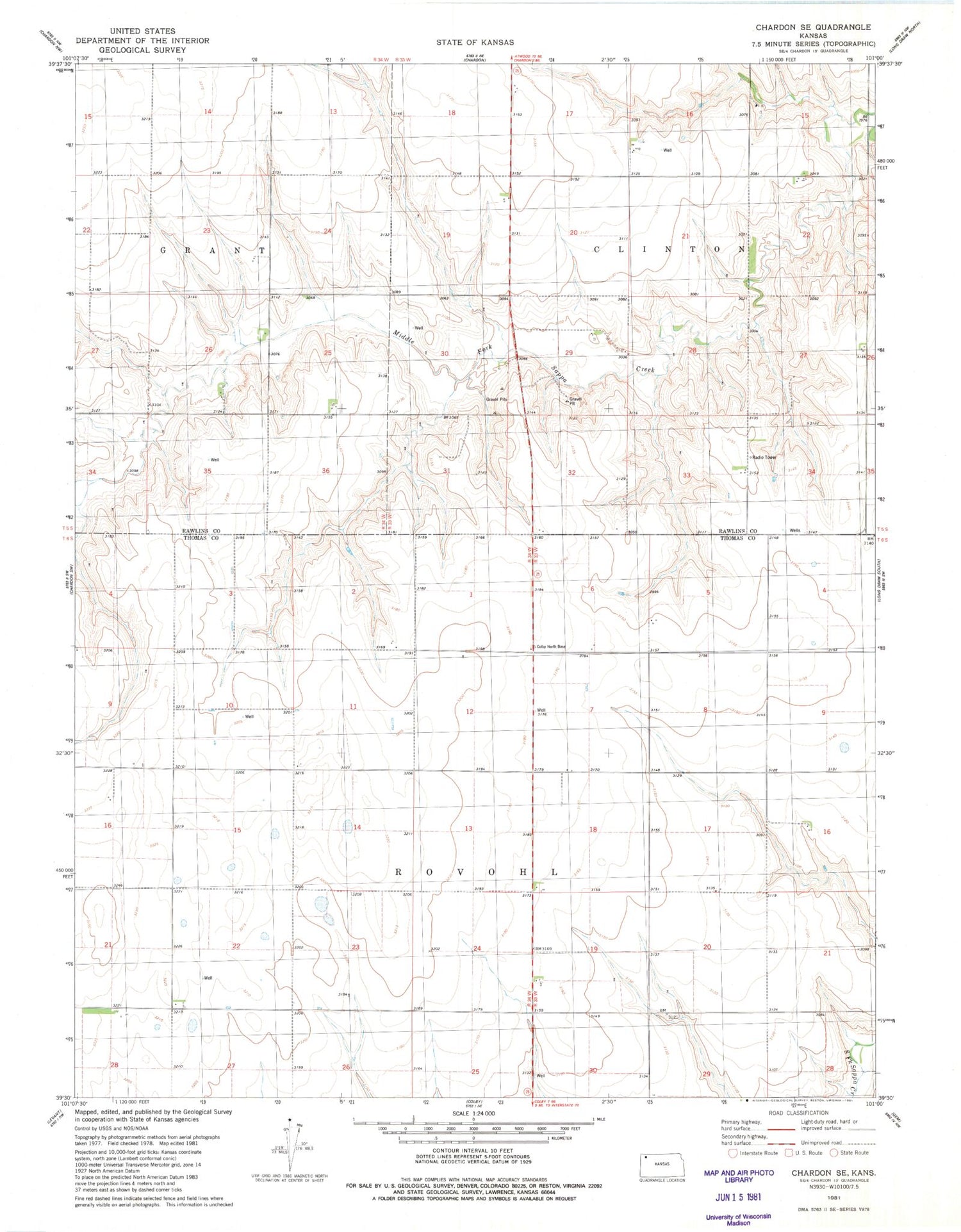 Classic USGS Chardon SE Kansas 7.5'x7.5' Topo Map Image