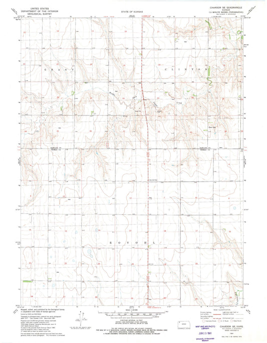 Classic USGS Chardon SE Kansas 7.5'x7.5' Topo Map Image