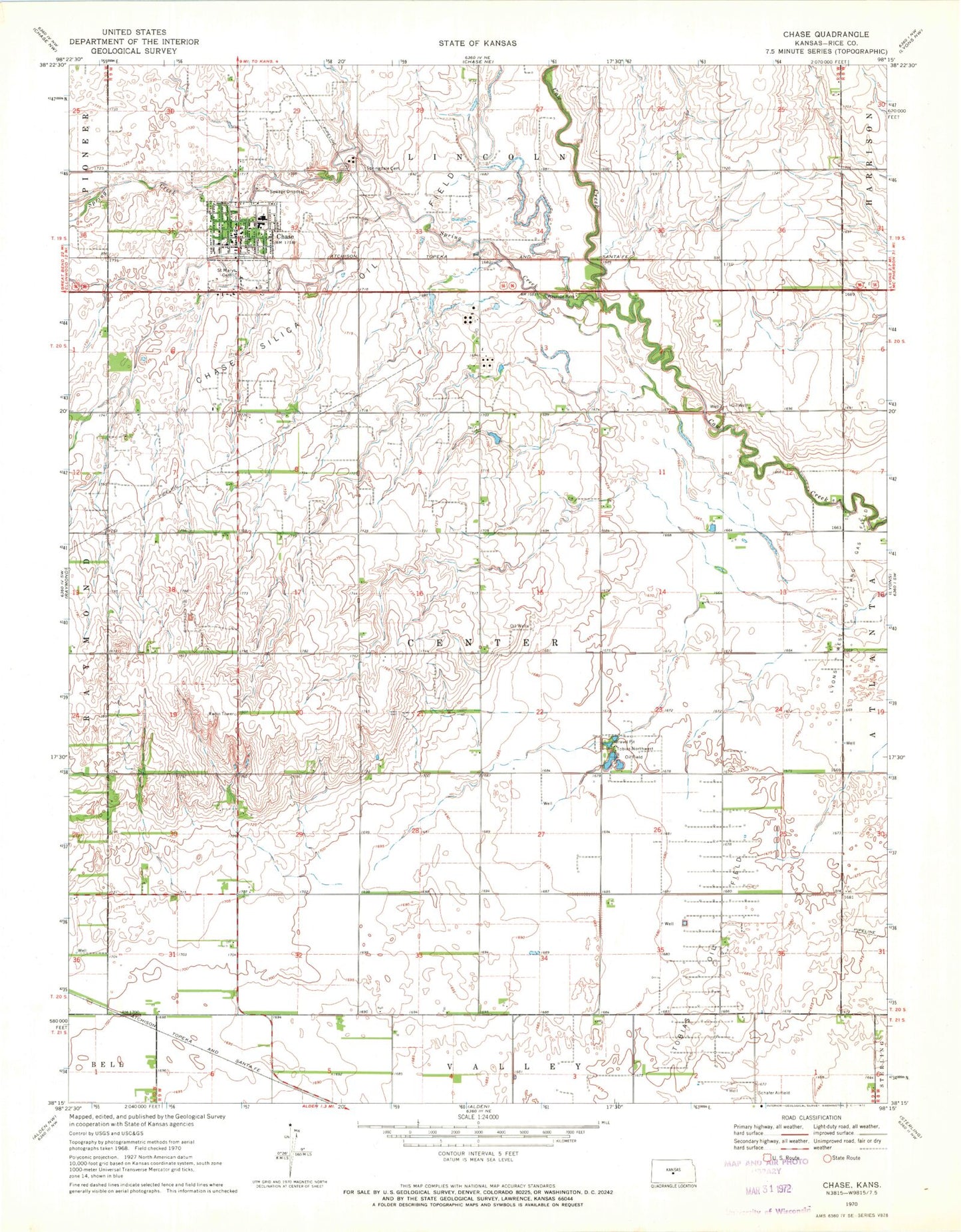 Classic USGS Chase Kansas 7.5'x7.5' Topo Map Image