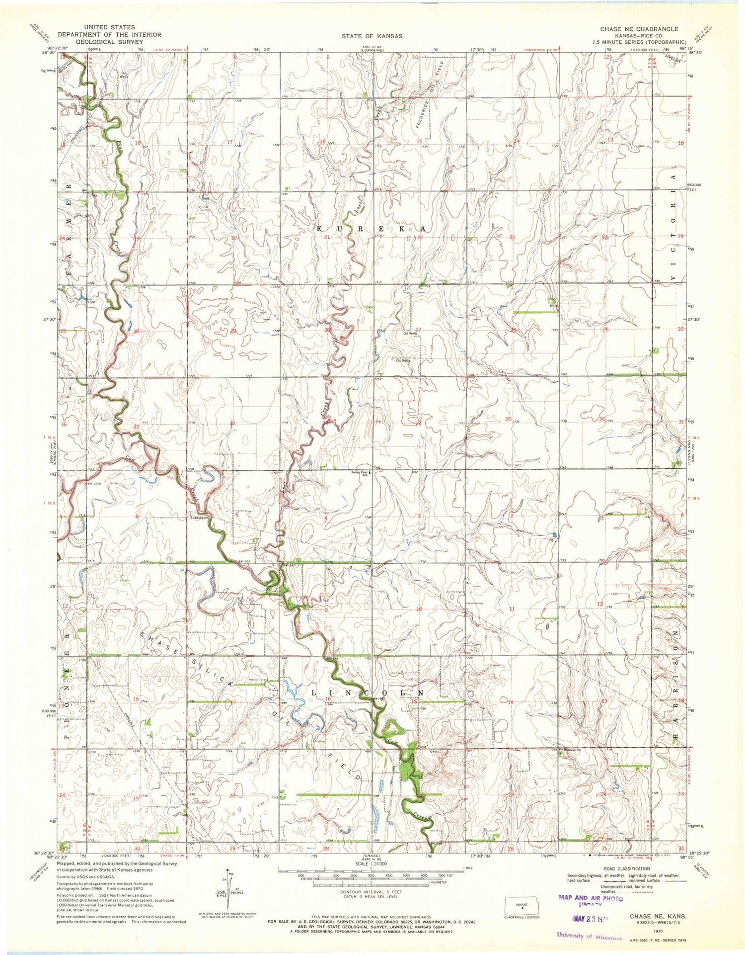 Classic USGS Chase NE Kansas 7.5'x7.5' Topo Map Image