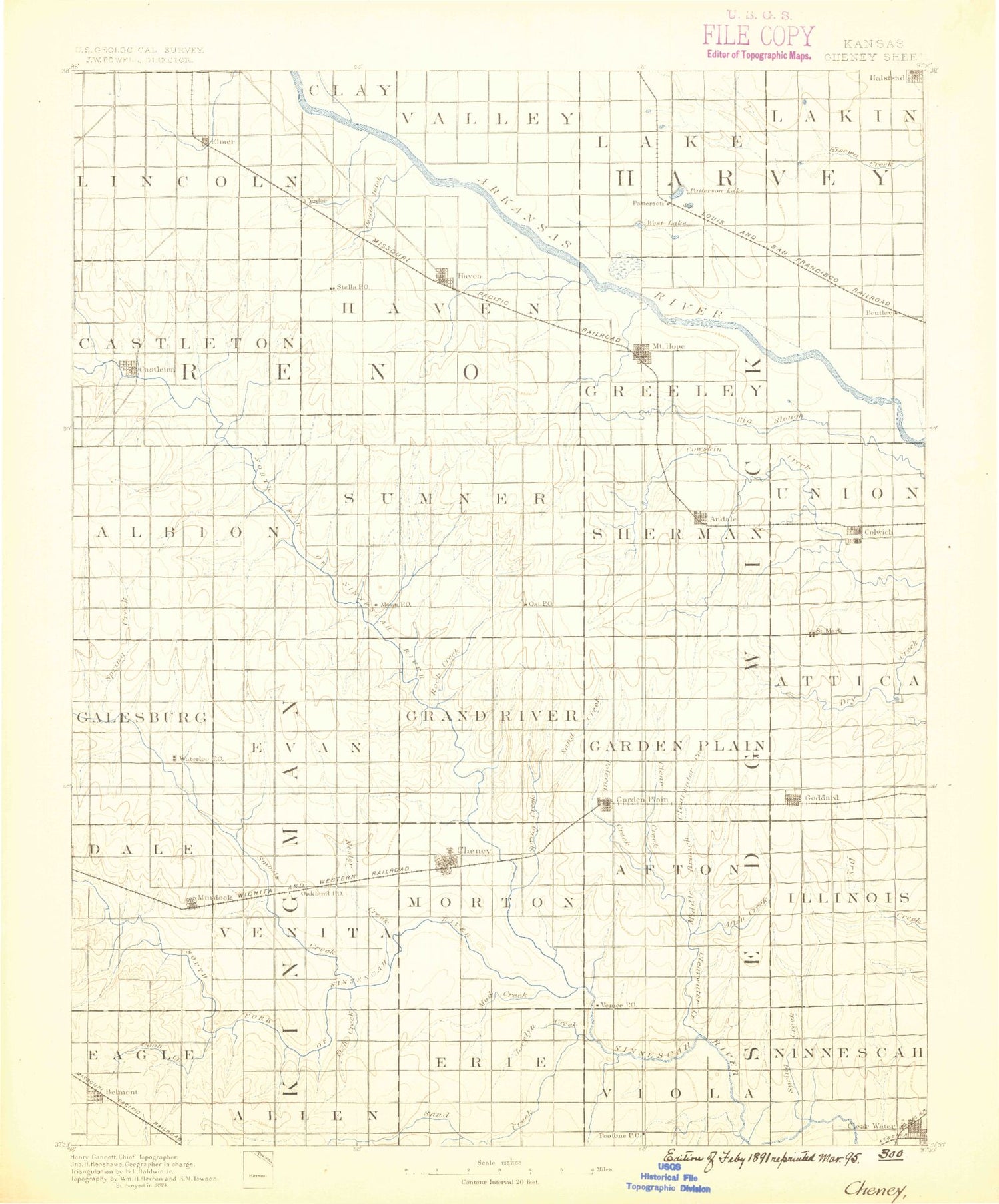 Historic 1889 Cheney Kansas 30'x30' Topo Map Image