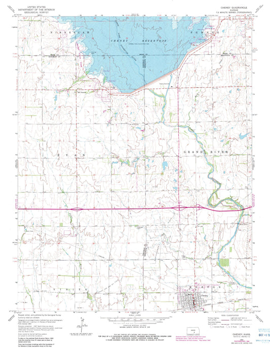 Classic USGS Cheney Kansas 7.5'x7.5' Topo Map Image