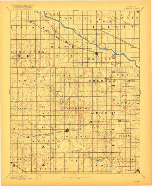 Historic 1901 Cheney Kansas 30'x30' Topo Map Image