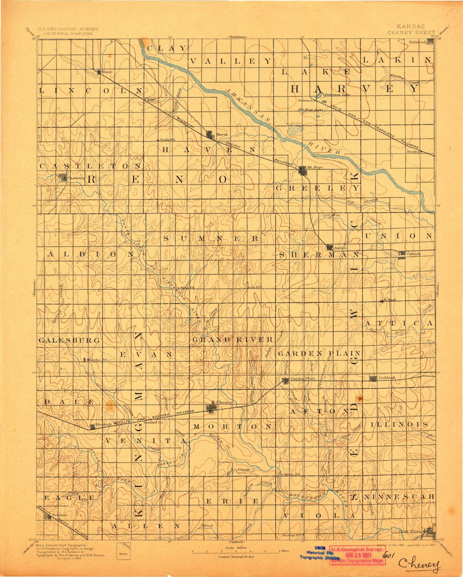 Historic 1891 Cheney Kansas 30'x30' Topo Map Image