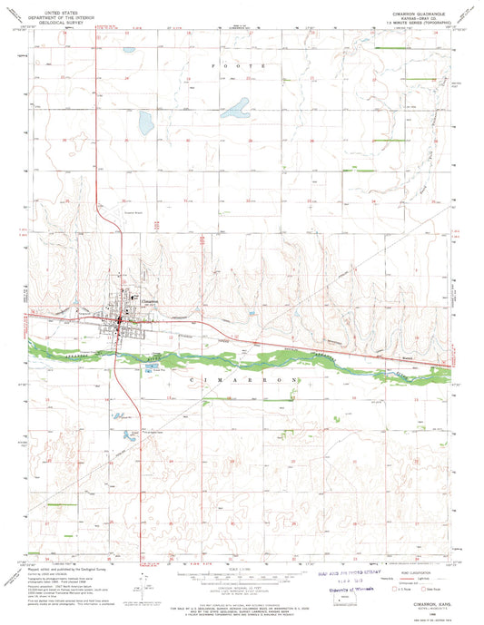 Classic USGS Cimarron Kansas 7.5'x7.5' Topo Map Image