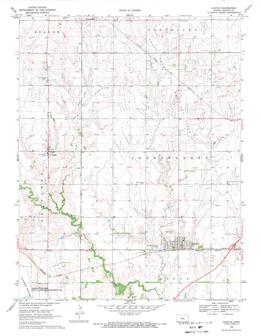 Classic USGS Claflin Kansas 7.5'x7.5' Topo Map Image