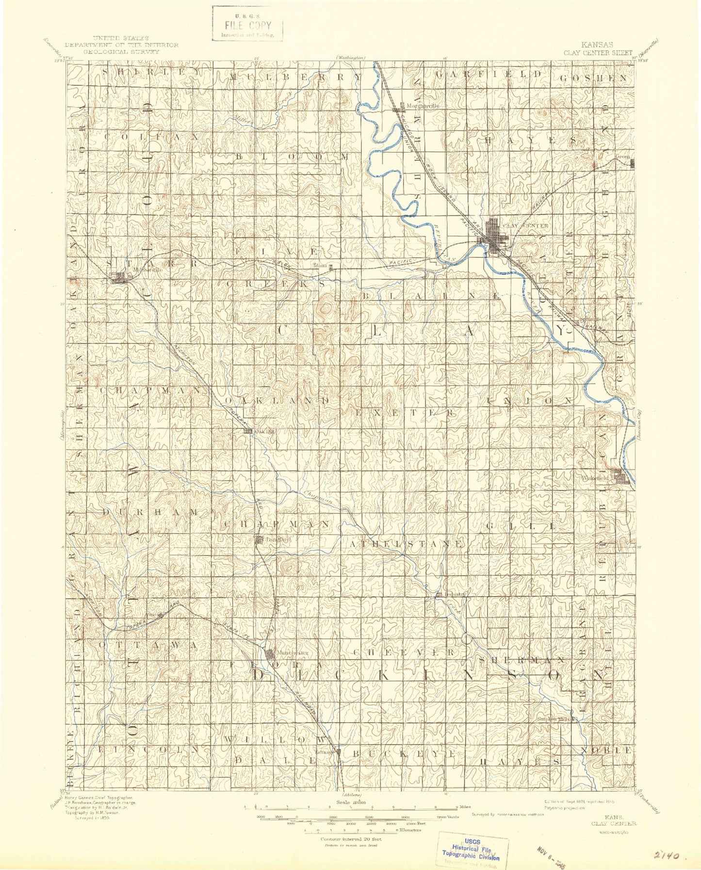 Historic 1891 Clay Center Kansas 30'x30' Topo Map Image