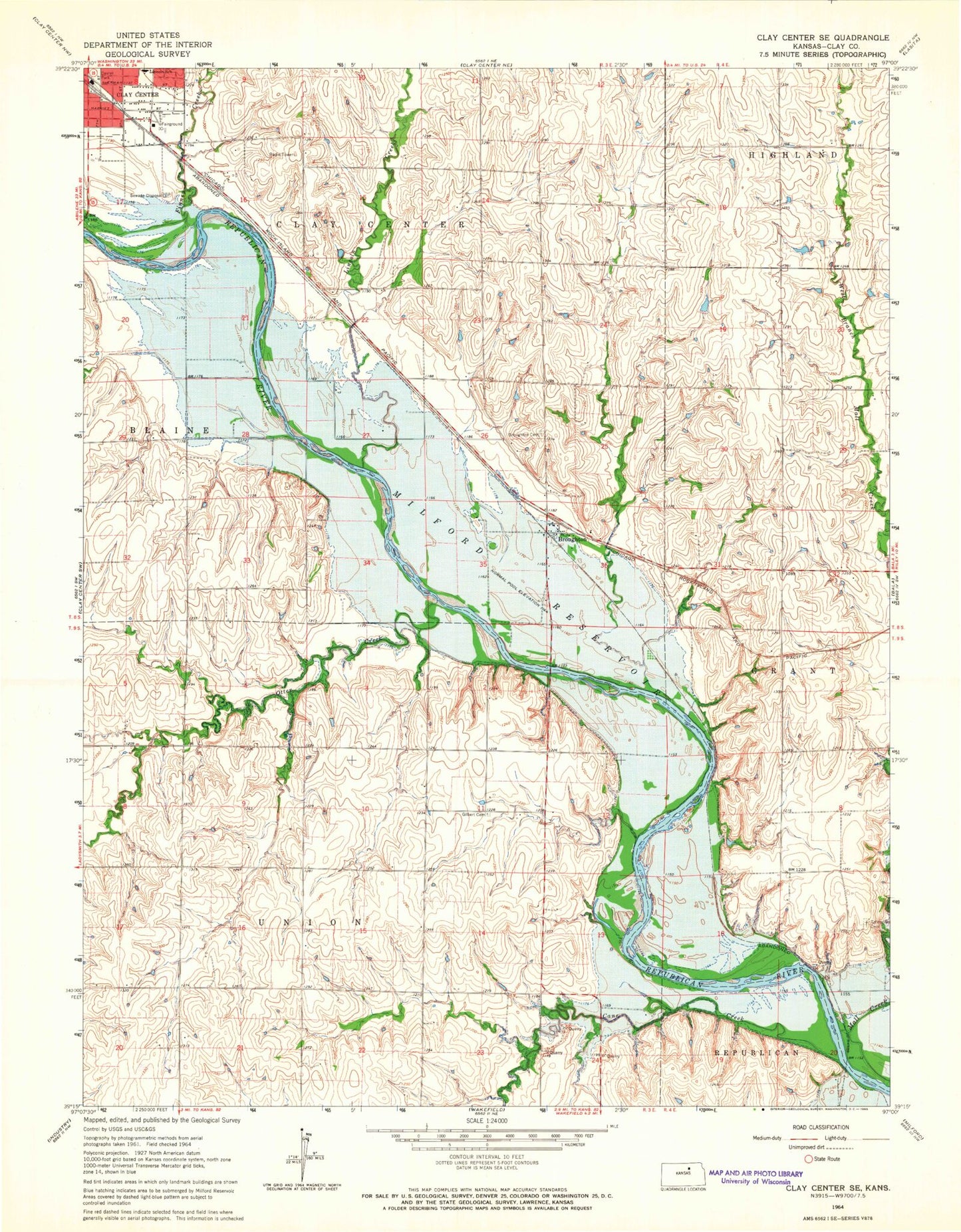 Classic USGS Clay Center SE Kansas 7.5'x7.5' Topo Map Image
