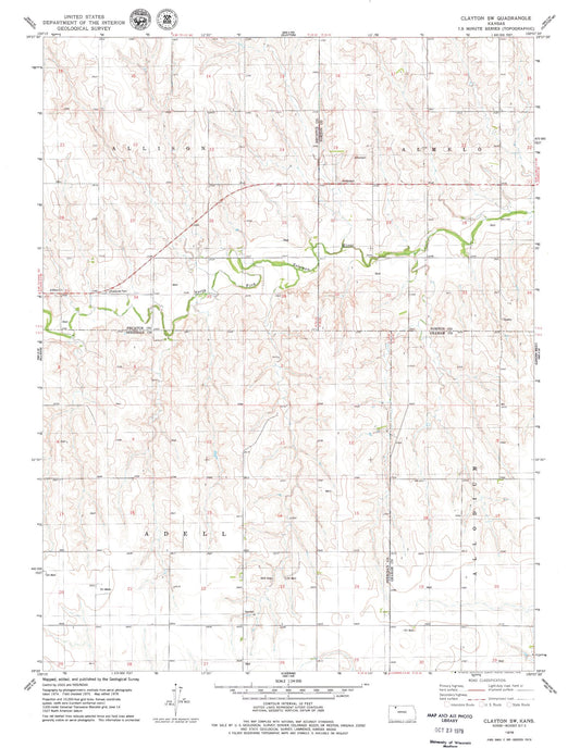 Classic USGS Clayton SW Kansas 7.5'x7.5' Topo Map Image