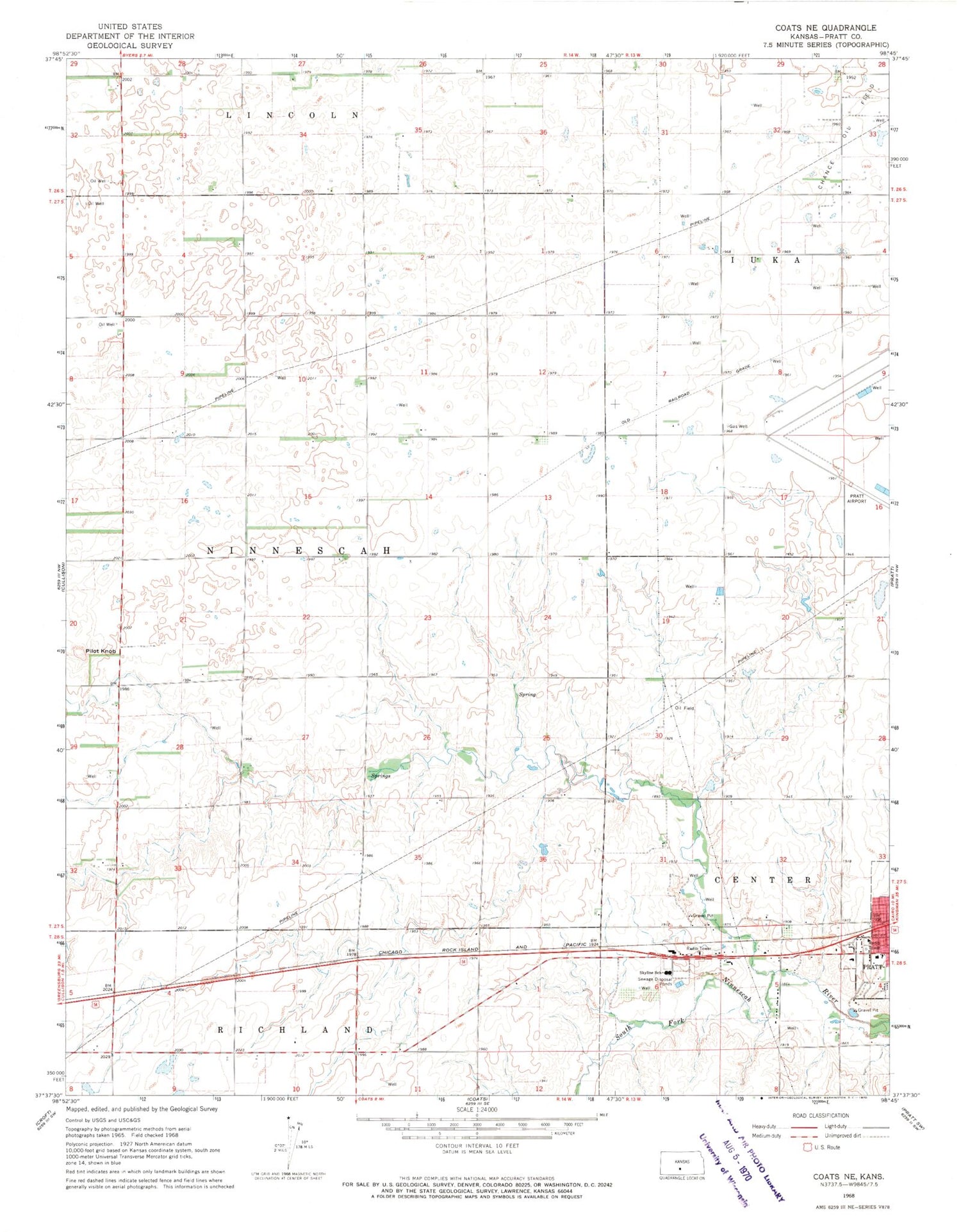 Classic USGS Coats NE Kansas 7.5'x7.5' Topo Map Image
