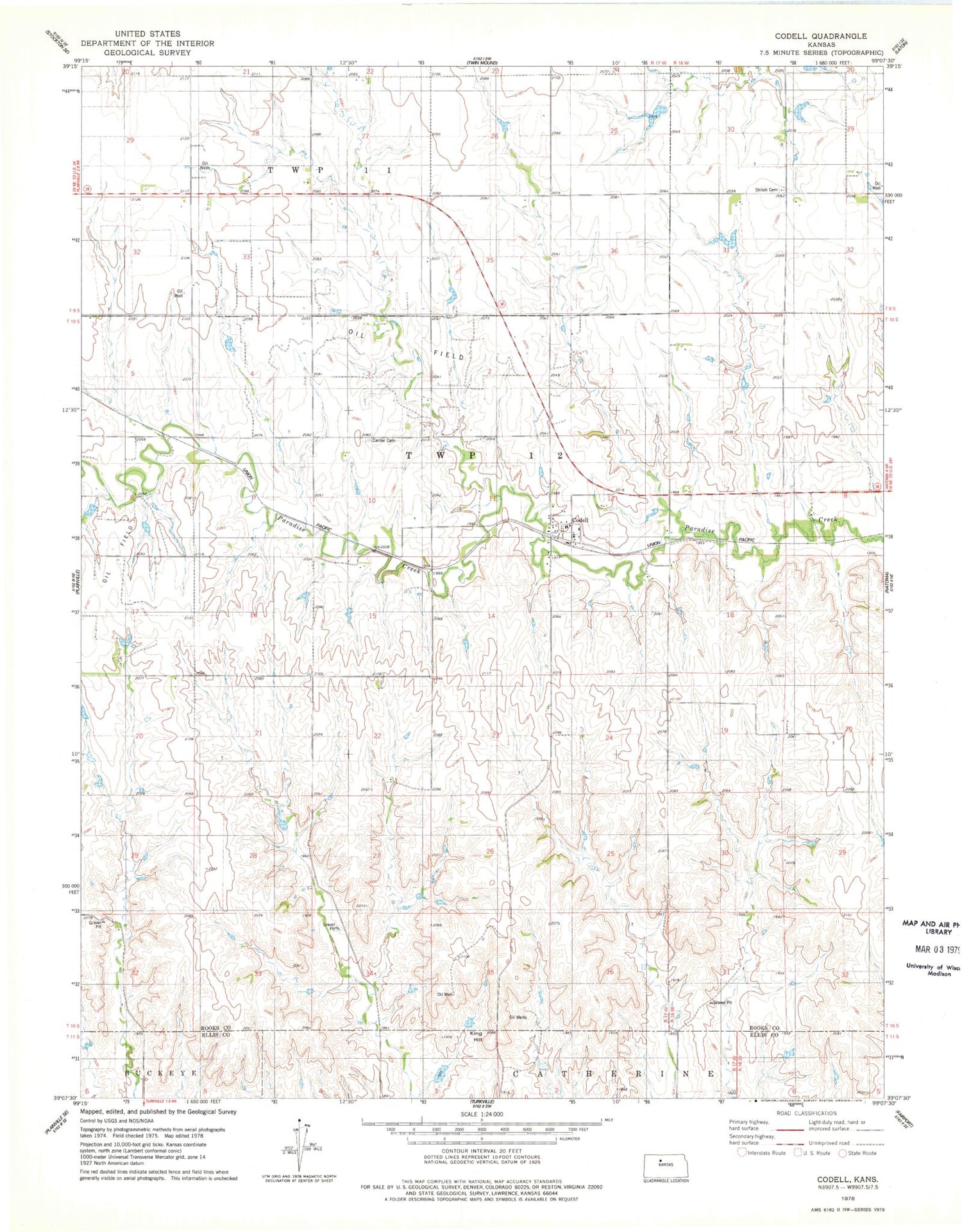 Classic USGS Codell Kansas 7.5'x7.5' Topo Map Image