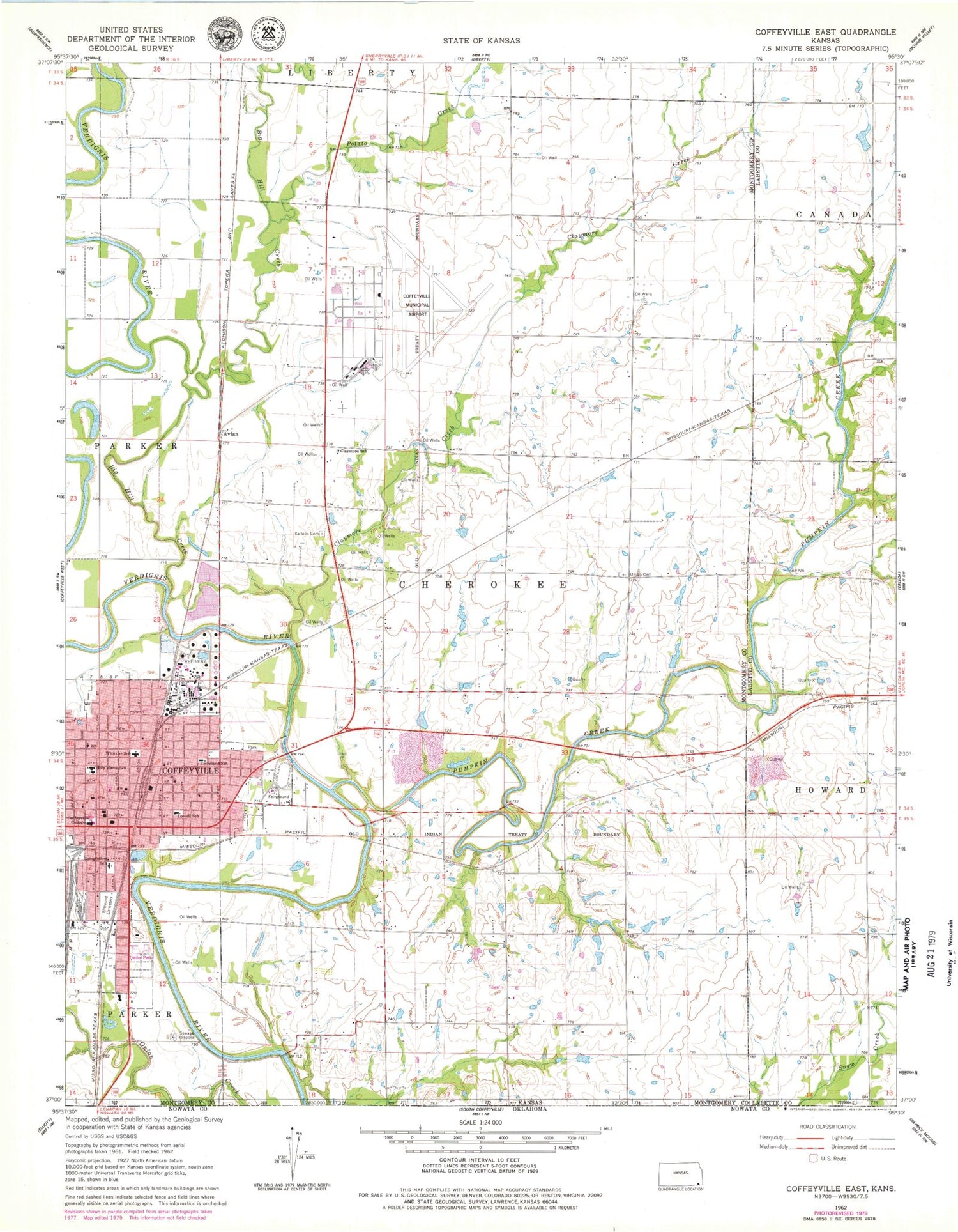 Classic USGS Coffeyville East Kansas 7.5'x7.5' Topo Map Image