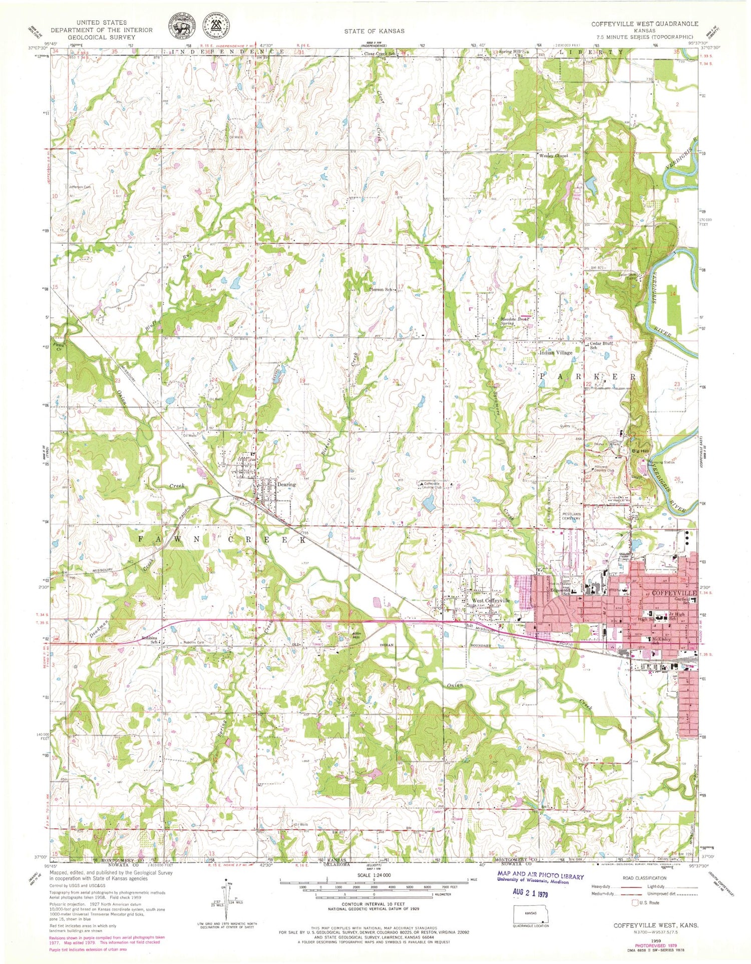 Classic USGS Coffeyville West Kansas 7.5'x7.5' Topo Map Image