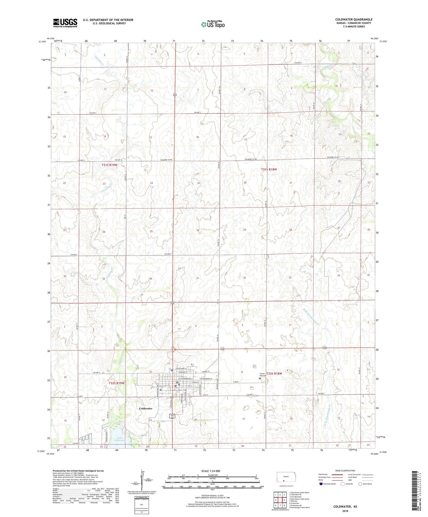 Coldwater Kansas US Topo Map Image