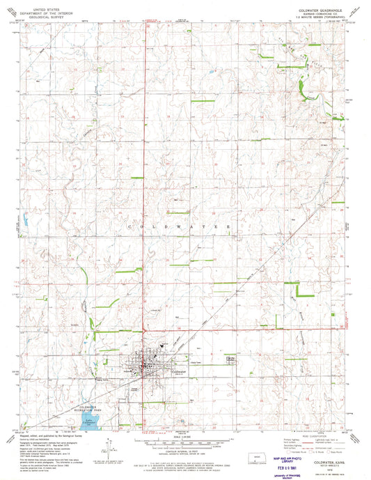 Classic USGS Coldwater Kansas 7.5'x7.5' Topo Map Image