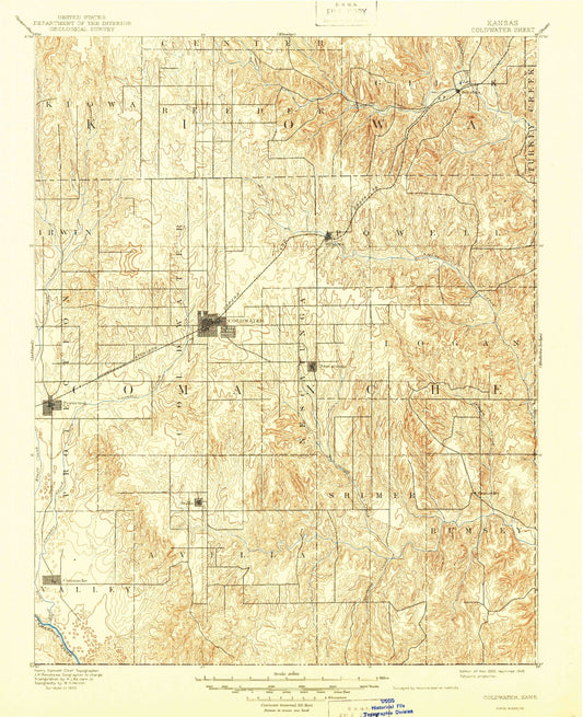 Historic 1892 Coldwater Kansas 30'x30' Topo Map Image