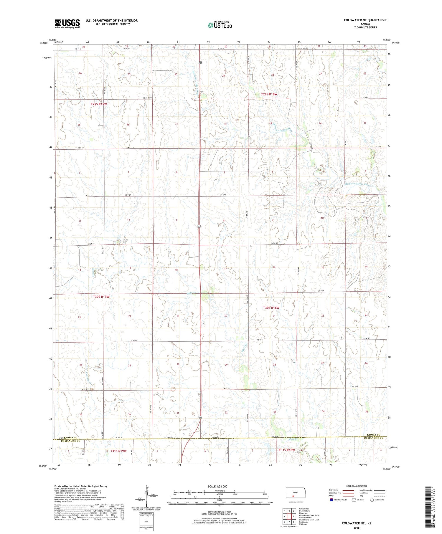 Coldwater NE Kansas US Topo Map Image