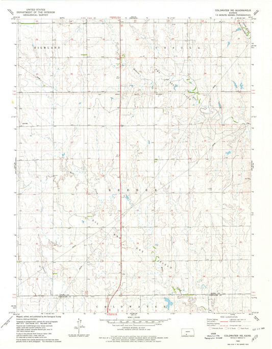Classic USGS Coldwater NE Kansas 7.5'x7.5' Topo Map Image