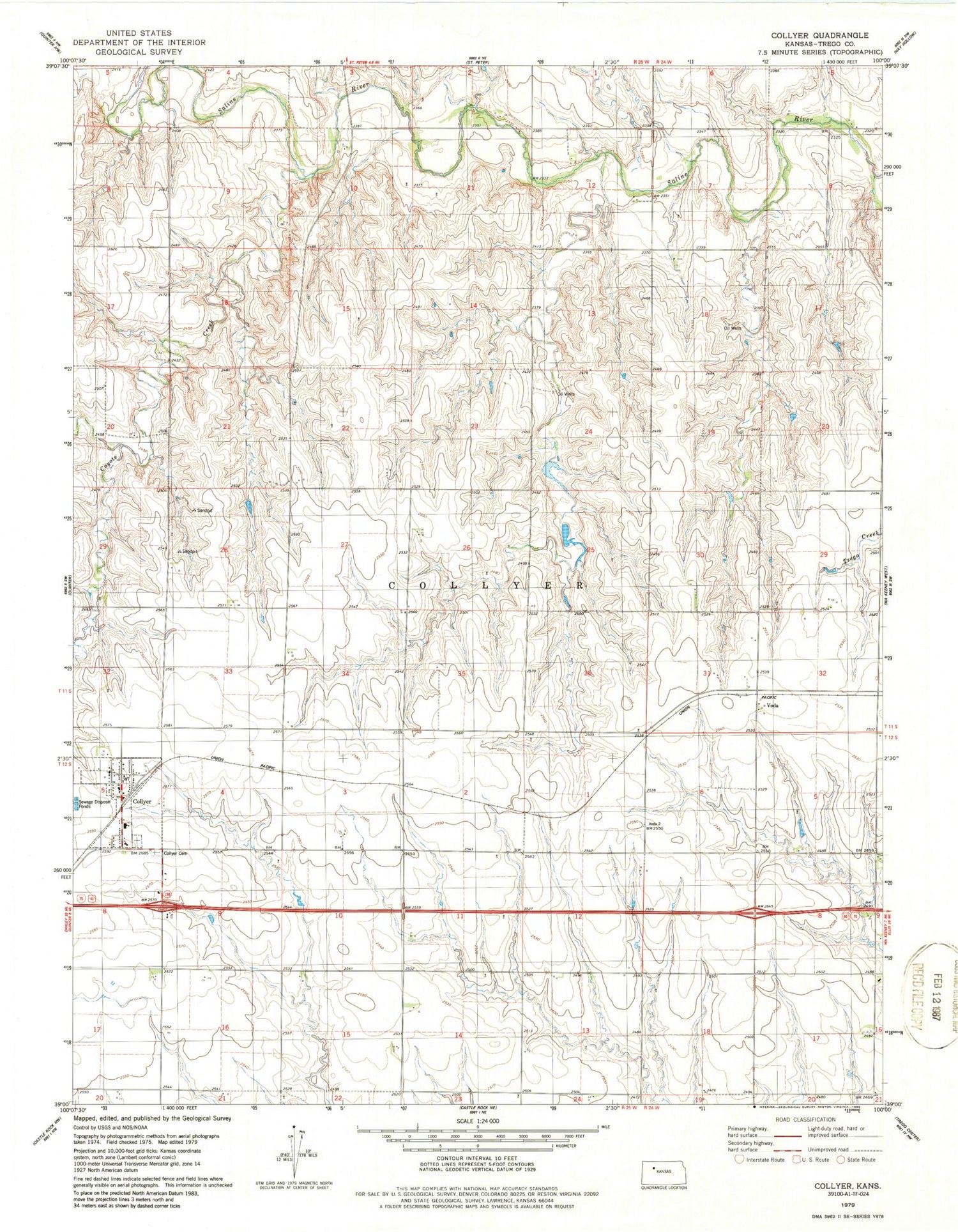 Classic USGS Collyer Kansas 7.5'x7.5' Topo Map Image