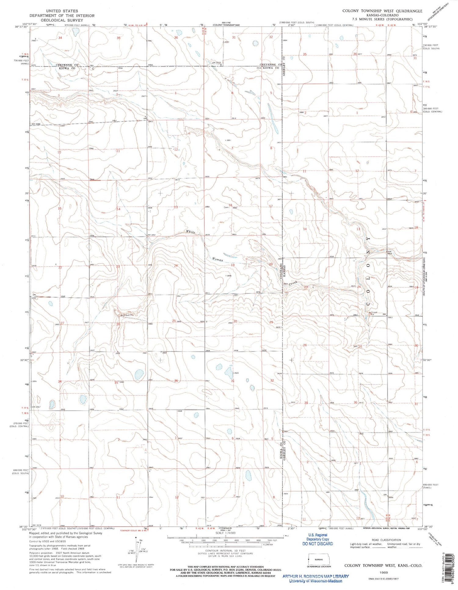 Classic USGS Colony Township West Kansas 7.5'x7.5' Topo Map Image