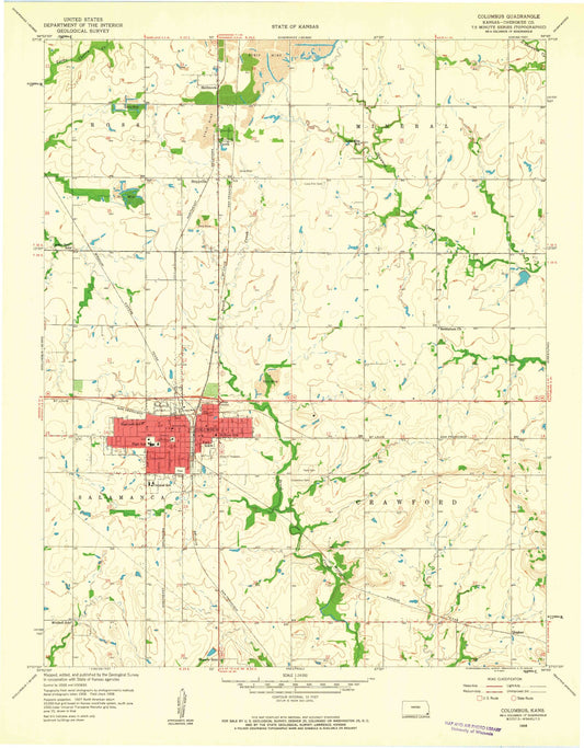 Classic USGS Columbus Kansas 7.5'x7.5' Topo Map Image
