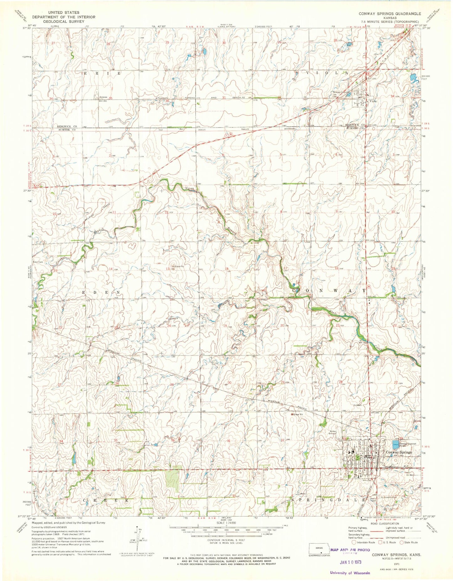 Classic USGS Conway Springs Kansas 7.5'x7.5' Topo Map Image