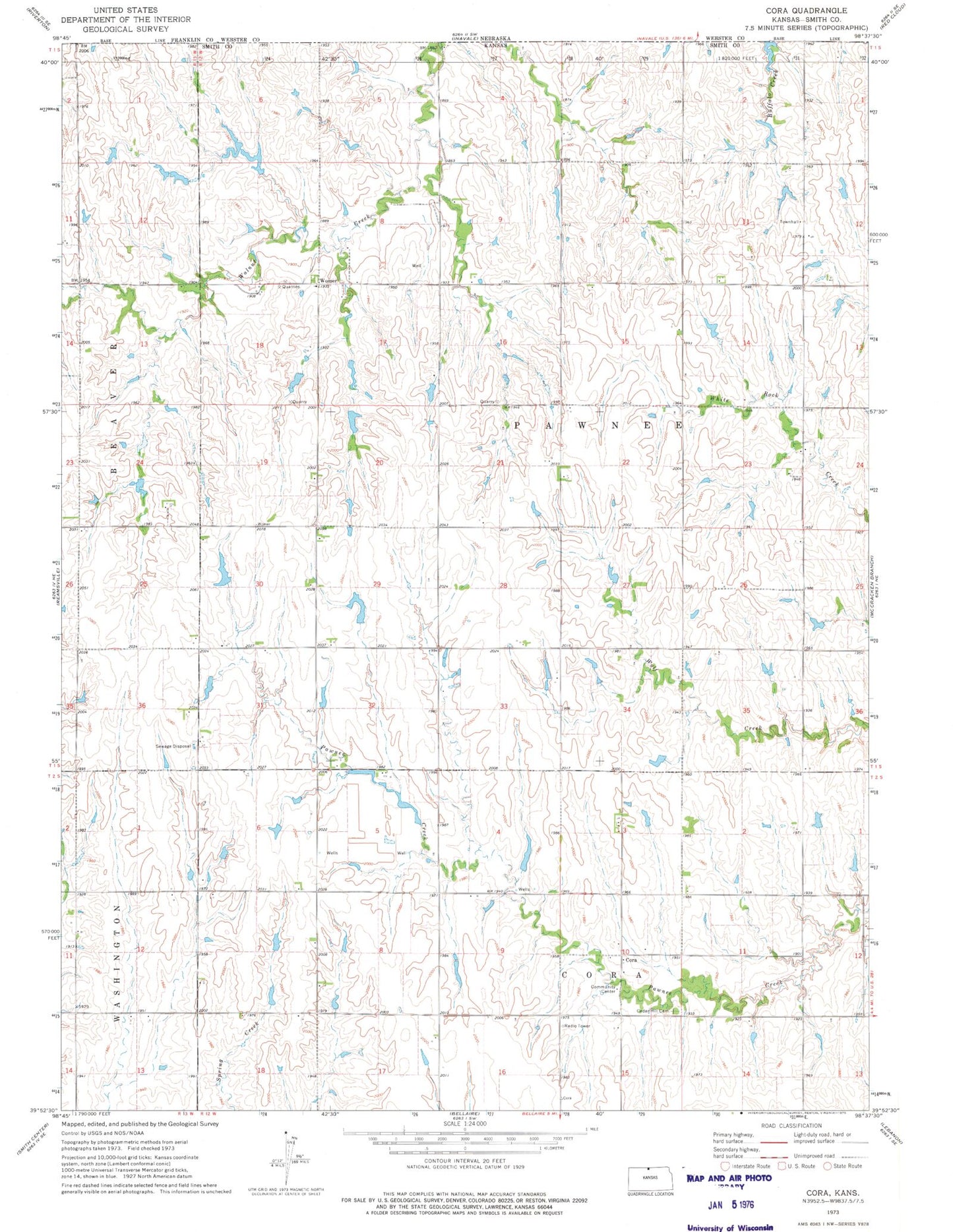 Classic USGS Cora Kansas 7.5'x7.5' Topo Map Image