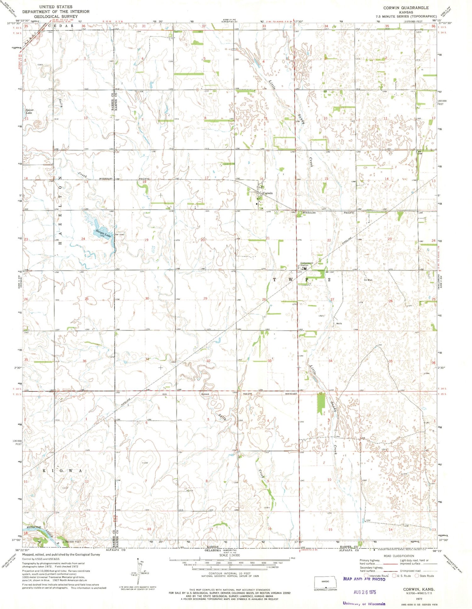 Classic USGS Corwin Kansas 7.5'x7.5' Topo Map Image