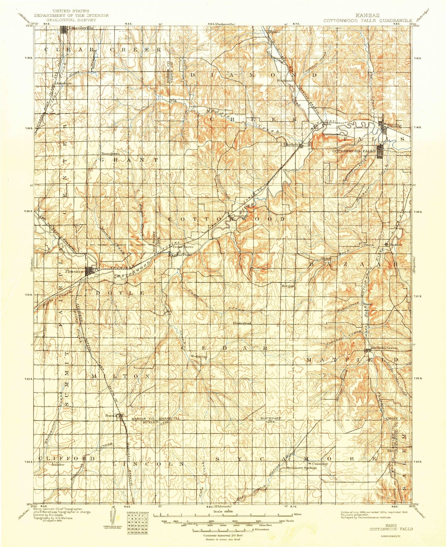 Historic 1898 Cottonwood Falls Kansas 30'x30' Topo Map Image